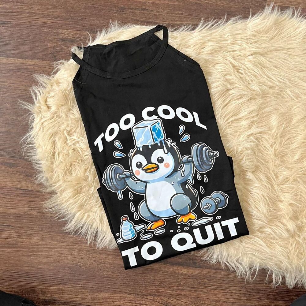 Funny Graphic Workout Tank Top Penguin "Too Cool To Quit" M Cotton